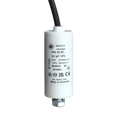Afbeelding van 30uF universele kabelcondensator, permanente condensator voor elektrische apparaten, 450 V, afmetingen 40 x 94 met M8 schroef moer en kabel, geschikt huishoudelijke gemaakt in Europa