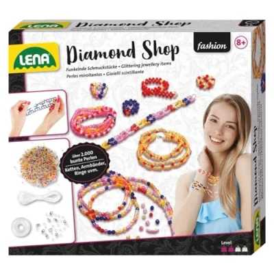 Afbeelding van Lena 42328 Diamond Shop volledige knutselset met 2.000 rijgkralen, elastische draden, handleiding, sieradenknutselset, vanaf 8 jaar, voor het zelf maken van sieraden die glinsteren als diamanten