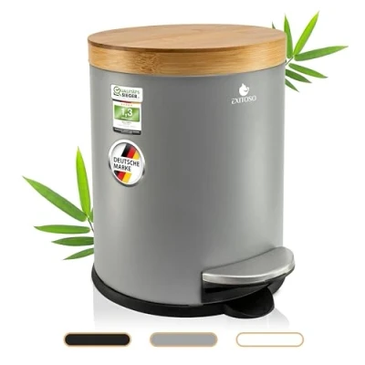 Afbeelding van Exitoso 5 l vuilnisemmer badkamer grijs cosmetica emmer met bamboe houten deksel en softclosemechanisme antislip pad pedaalemmer van roestvrij staal