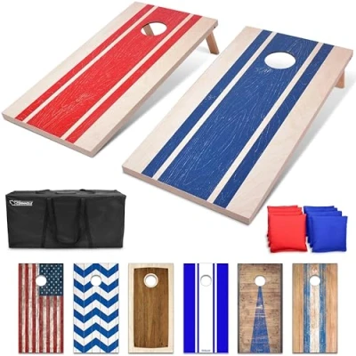 Afbeelding van GoSports 4&#039;x2&#039; Regulation Size Wood Design Cornhole Game Set Inclusief 8 tassen, draagtas en regels, blauw, rood