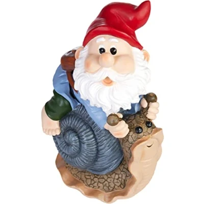 Afbeelding van BRUBAKER Tuinkabouter op Slakkenhuis Kabouter met Gelukkige Slak Grappig Tuinbeeldje Weerbestendige Decoratie voor Tuin en Camping Tuindecoratie Buiten 24 cm hoog