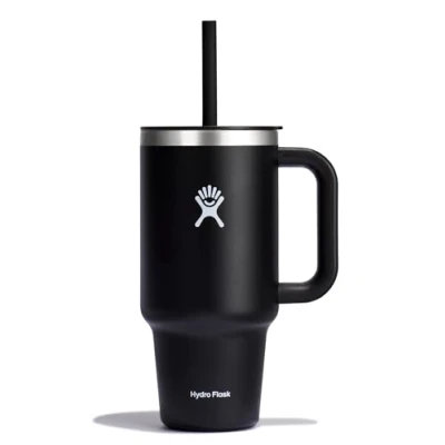 Afbeelding van Hydro Flask Travel Tumbler 946 ml (32 oz) met afsluitbaar ingedrukt rietdeksel Roestvrij staal Dubbelwandig vacuüm geïsoleerd Spatwaterdicht deksel BPA vrij Black