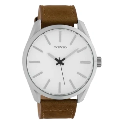 Afbeelding van OOZOO Timepieces Zilverkleurige horloge met bruine leren band C10320