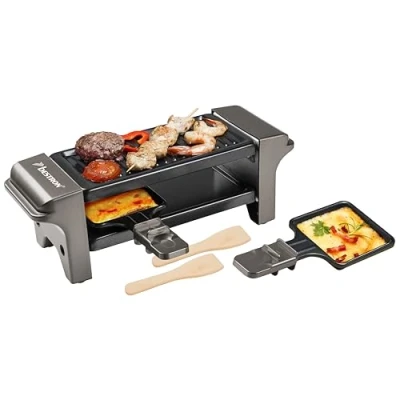Afbeelding van Bestron Raclette voor 1 tot 2 personen, mini tafelgrill met twee pannetjes, houten schrapers en onderzetters, 350 watt, kleur: titaniumgrijs