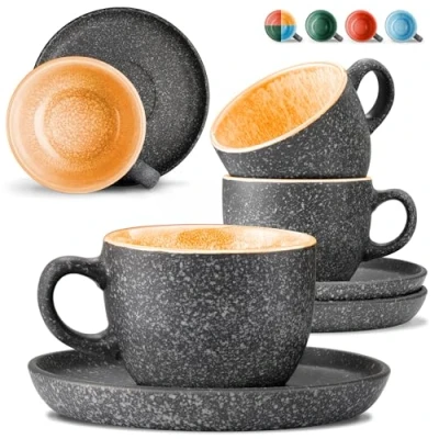 Afbeelding van Cosumy Set van 4 Espressokopjes Keramiek met Schoteltjes 90 ml Dikwandig Steengoed Handgemaakte Reactieve Glazuur Houdt Warmte Lang Vast (Geel)