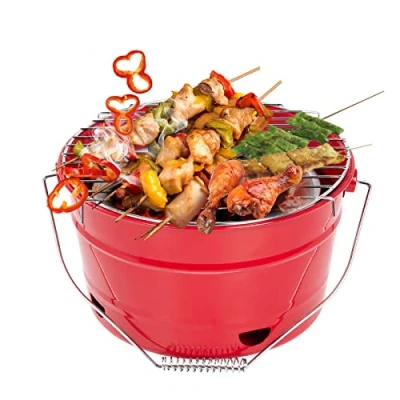 Afbeelding van Uten Draagbare grillemmer met handgreep, lekkere barbecue, picknickgrill groot grilloppervlak, houtskool, diameter 27,5 cm, geschikt voor 1 4 personen, rood