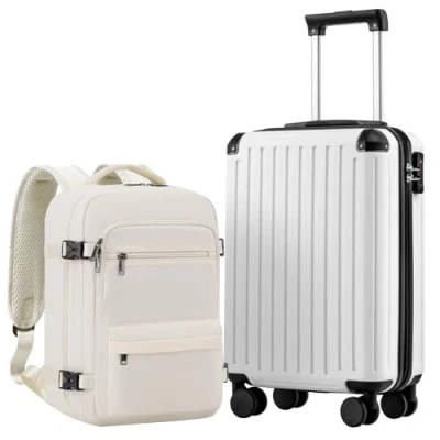 Afbeelding van COOLIFE Cabinekoffer, 55 x 35 20 cm, voor Ryanair vliegtuig, handbagage, cabinebagage, harde koffer met TSA slot en 4 dubbele wielen, wit, 20cm Set 2tlg, schaal,