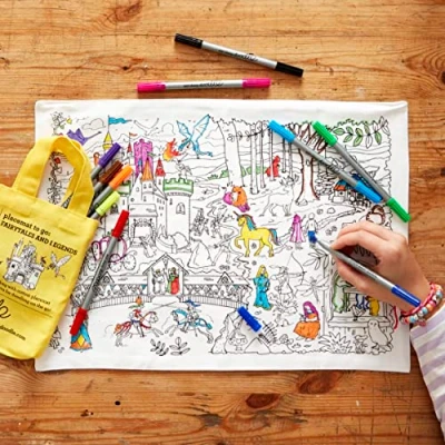 Afbeelding van Eatsleepdoodle Herbruikbare Kleurbare Sprookjesachtige Placemat in Eigen Katoenen Draagtas, Personaliseer de Leuke &amp; Educatieve Mythische Verhalen Kleurplaat voor Kinderen, Inclusief Uitwasbare Viltstiften