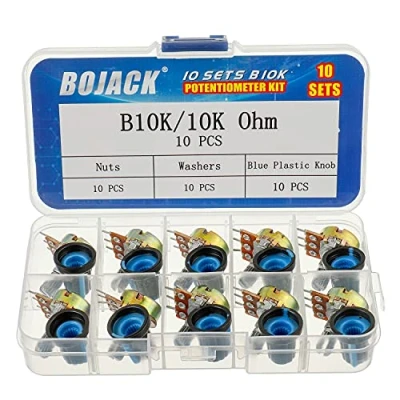 Afbeelding van BOJACK 10 sets B10K gekartelde as 3 aansluitingen Lineaire conische roterende potentiometer (WH148) 10K Ohm Single Turn Carbon Film Variabele weerstand met blauwe plastic knoppen Kit