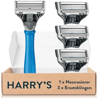 Afbeelding van Harry&#039;s Scheerapparaat voor mannen, scheerset met blauwe handgreep, 3 reservescheermesjes, scheermesjes heren, nat