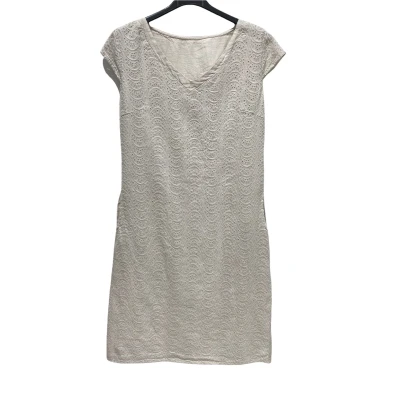 Afbeelding van Linnen jurk met zijzakken kap mouwen broderie getailleerd kleur BEIGE maat 42/44
