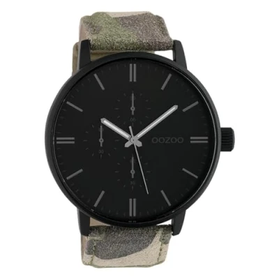 Afbeelding van OOZOO Timepieces Zwarte horloge met camouflage leren band C10312