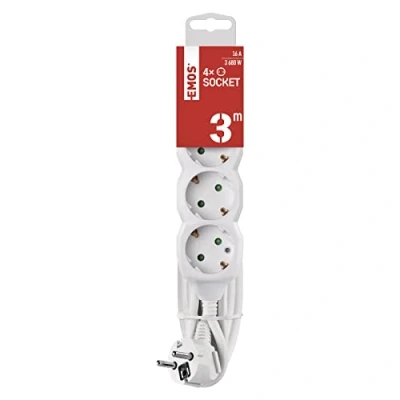 Afbeelding van EMOS P0423R stekkerdoos 4 voudig, 3 m kabel, wit, stopcontacten 45 gedraaid, 1,5 mm, Schuko meervoudig stopcontact met kinderbeveiliging, IP20 voor binnen