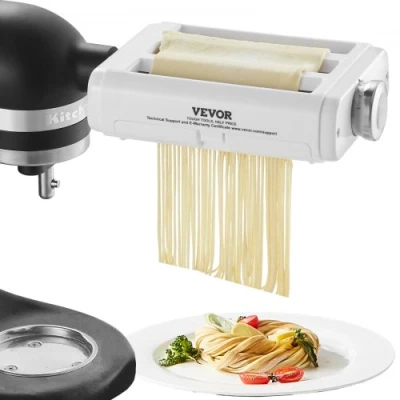 Afbeelding van VEVOR Pasta opzetstuk voor KitchenAid Staande Mixer, 3 in 1 roestvrijstalen pastarolsnijder set inclusief pastabeelrol, spaghetti en fettuccinesnijder, 8 verstelbare dikte knop pastamachine