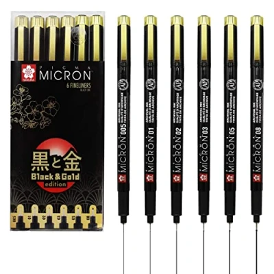 Afbeelding van Sakura Pigma Micron Black &amp; Gold Edition fijnschrijver set 6 maten, zwart (POXSDKB6YOS)