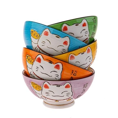 Afbeelding van lachineuse Japanse schaal design Maneki Neko 5 traditionele rijstschalen kat nippon geluksbrenger decoratie cadeau idee Japan Azië