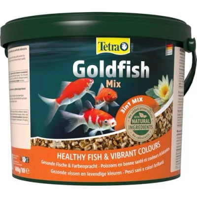 Afbeelding van Tetra Pond Goldfish mix complete van sticks, vlokken en gammarus voer voor roodvissen vijver tuinvissen, verrijkt met sporenelementen, essentiële vitaminen, spirulina, 10 l
