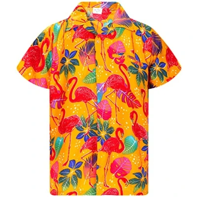 Afbeelding van King Kameha Heren strandshirt korte mouwen Casual Button Down Hawaii vakantie, Funky flamingos design geel, XXL