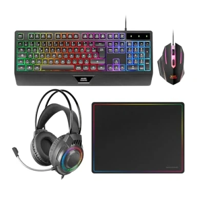 Afbeelding van Mars Gaming MCP124PRO, Combo 4in1, RGB H Mech Toetsenbord met Polssteun, Muis 3200DPI en HUANO Switches, FRGB Hoofdtelefoon, Nanotextiel Muismat 36x26cm, Multiplatform, Spaans, Zwart