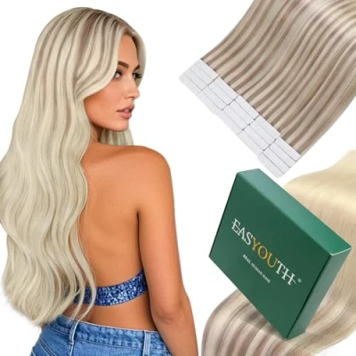 Afbeelding van Easyouth Tape Menselijk Haar Ombre in Human Hair Balayage Extensions 35cm 14inch 80g 40 pieces Kleur 18/22/60 Asblond Vervagend tot Blond Gemengd Platina Invisible