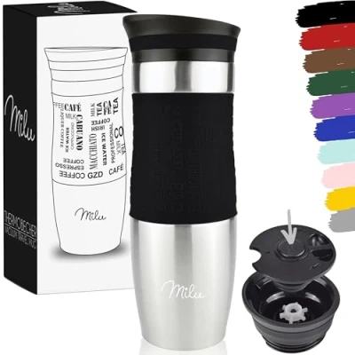 Afbeelding van thermobeker 370 ml 450 isoleerbeker koffiebeker to go 100% lekvrij drinkbeker van roestvrij staal dubbelwandige isolatie reismok (zwart, ml)