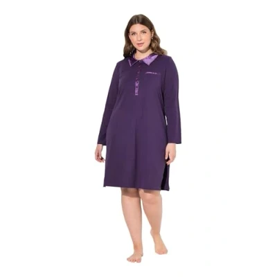 Afbeelding van Ulla Popken Dames, kraag, satijnen details, lange mouwen, nachthemd, aubergine, 50/52, 50/52