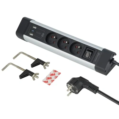 Afbeelding van Electraline 35460 Stekkerdoos voor kantoren, 3 stopcontacten + USB (1 C (Power Delivery) PD20W 2 A 3.0A (QuickCharge), met haken bevestiging aan het bureau dubbelzijdige stickers