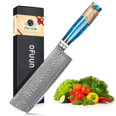 Afbeelding van oFuun Nakiri Damascus Japans Mes, 17CM Professioneel Keukenmes, 67 vaks Stalen Koksmes, Ergonomisch Handvat met Geschenkverpakking