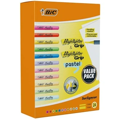 Afbeelding van BIC Highlighter Grip &amp; Pastel, Perfect voor in de klas, op kantoor of Kerstmis, diverse kleuren, 24 stuks [Amazon Exclusive]