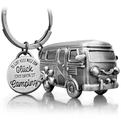 Afbeelding van LANOLU Sleutelhanger voor de camping, geluk, caravan cadeau, camper cadeau camping en camper, 3D aanhanger, accessoire van metaal, Vintage zilver.