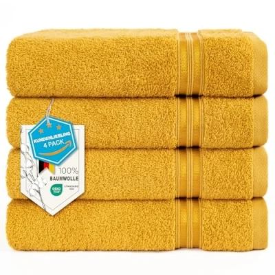 Afbeelding van Hammetex Set van 4 handdoeken, 100% katoen, premium kwaliteit, groot, 50 x 100 cm, zacht, absorberend, sneldrogend, mosterd