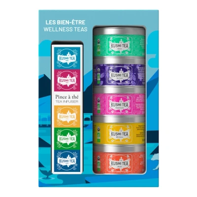 Afbeelding van Kusmi Tea “Les Bien Être Geschenkset + Theetang Assortiment biologische thee Cadeau ideeën voor mannen en vrouwen Groene thee, detox kruidenthee Made in France 5 blikken van 25g