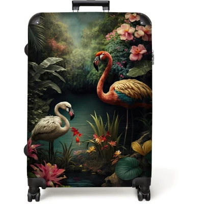 Afbeelding van NoBoringSuitcases.com® Koffer groot Reiskoffer lichtgewicht Flamingo Bloemen Jungle Vogels Natuur Rolkoffer met 4 wielen Grote trolley XL 98 liter bagage