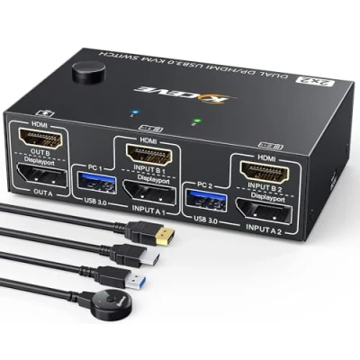 Afbeelding van USB 3.0 KVM switch dubbele monitor 4K bij 60Hz, 2K 120 Hz, 2 pc&#039;s monitoren HDMI+Displayport voor computers delen beeldschermen en 4 USB3.0 apparaten.Bedrade afstandsbediening