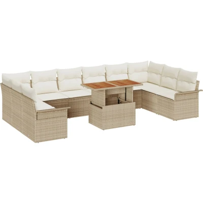 Afbeelding van vidaXL 11 delige tuin eetset met kussens beige poly rattan acacia