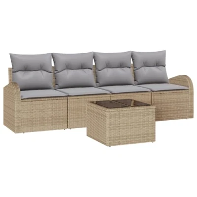 Afbeelding van vidaXL 5 delige Tuin Sofaset met Kussens Beige Poly Rattan