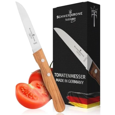 Afbeelding van Schwertkrone Professioneel groentemes en tomatenmes, Solingen kwaliteit, scherp getand, roestvrij staal, olijfhouten handvat, Made in Germany