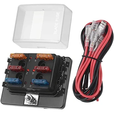 Afbeelding van Jtron Autozekeringkast voor auto, 12 V, 6 weg blade, zekeringhouder met kabel, led display, ATC/ATO 5A 10A 15A zekeringbus boot, vrachtwagen (6 manieren)