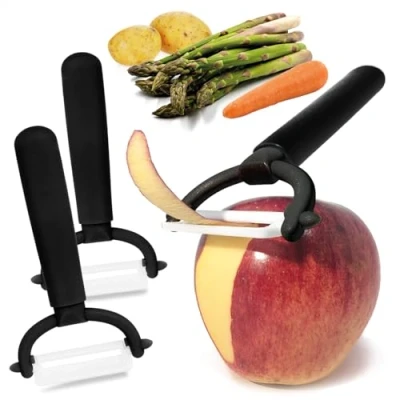 Afbeelding van COM FOUR® 3x dunschiller met keramisch mes voor groenten en fruit bijzonder scherpe universele roestvrij pendelmes van keramiek (3 stuks zwart)