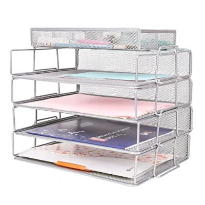 Afbeelding van Exerz bureau Organizer 5 delig 4 laags stapelbare papiersorteerder met accessoires 3 compartimenten/maphouder voor kantoor, school, studeerkamer, ruimtebesparing Zilver