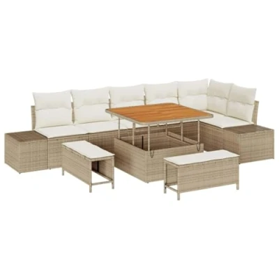 Afbeelding van vidaXL 9 Persoons Tuin Sofa Set Met Kussens Beige Poly Riet Acacia