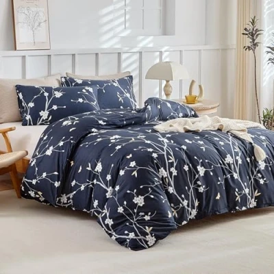 Afbeelding van Lekesky Bedding Beddengoedset, 3 stuks, bloemenpatroon, microvezel dekbedovertrek, set van 200 x cm + kussensloop met ritssluiting 80 cm, takken, marineblauw