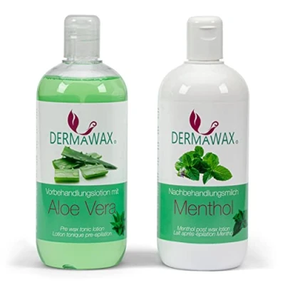 Afbeelding van Dermawax Waxing voor en nabehandelingsset, huidverzorging, toniserende voorbehandelingslotion reiniger met aloë vera nabehandelingsmelk menthol verwijdert waxresten verzorgt de huid