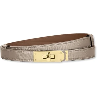 Afbeelding van baizhong Vrouwen Skinny Lederen Riem Klassieke Effen Kleur Legering Turn Lock Dames Verstelbare Slanke Dunne Taille Riem, (licht Khaki/Goud), Eén maat