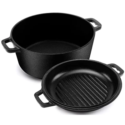 Afbeelding van Kichly 2 In 1 Voorgekruide Gietijzeren Nederlandse Oven met Dual Purpose Grill Pan Deksel Koken Bakken Braden Stoven Scharrelen &amp; Grillen Binnen Buiten