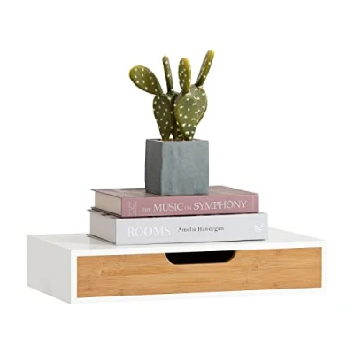 Afbeelding van SoBuy FRG92 WN Zwevende plank wit Hangende lade Wandplank bamboe Boekenplanken 40x24.5x8cm