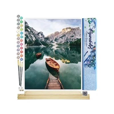 Afbeelding van Figured&#039;Art Schilderen op Nummer Volwassenen canvas Kleine boot en bergmeer Handwerk acrylverf Kit DIY Compleet 40x50cm met houten lijst