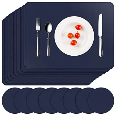 Afbeelding van APLKER placemats, 8 delige set, lederlook, afwasbaar, hittebestendig, placemats en onderzetters, set van waterdicht (donkerblauw, 8)