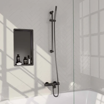 Afbeelding van BRAUER gunmetal Carving opbouw baddouche thermostaatkraan SET 01 met glijstang en staaf handdouche doucheslang geborsteld PVD
