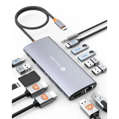 Afbeelding van NOVOO 14 in 1 dockingstation met dubbele monitor, USB C naar Dual HDMI, Displayport, Ethernet RJ45, 100 W PD, 3.0/2.0, SD/TF en audio, voor MacBook HP Dell